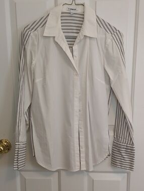 Express White Button-Down Shirt with Gray Striped Sleeves